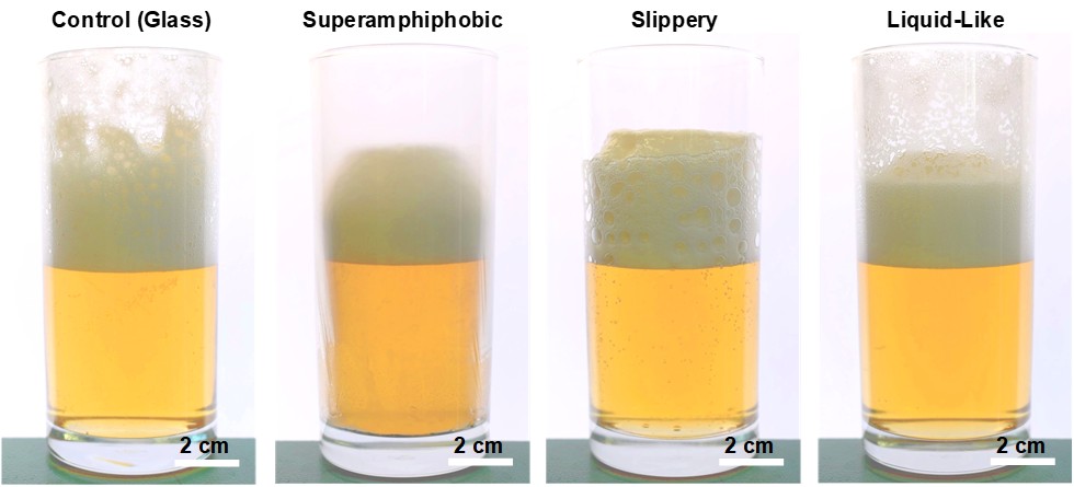 Super liquid repellent surfaces for anti-foaming and froth management